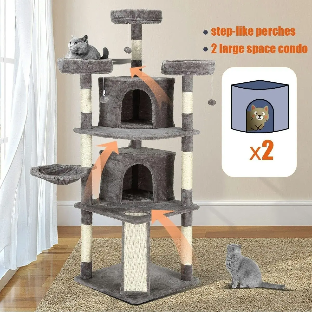 Pet Scene Cat Scratching Post Climbing Pole Tower Tree Playhouse Center w/ Scratcher Condo House Ladder Toys 163cm Tall 5 Levels