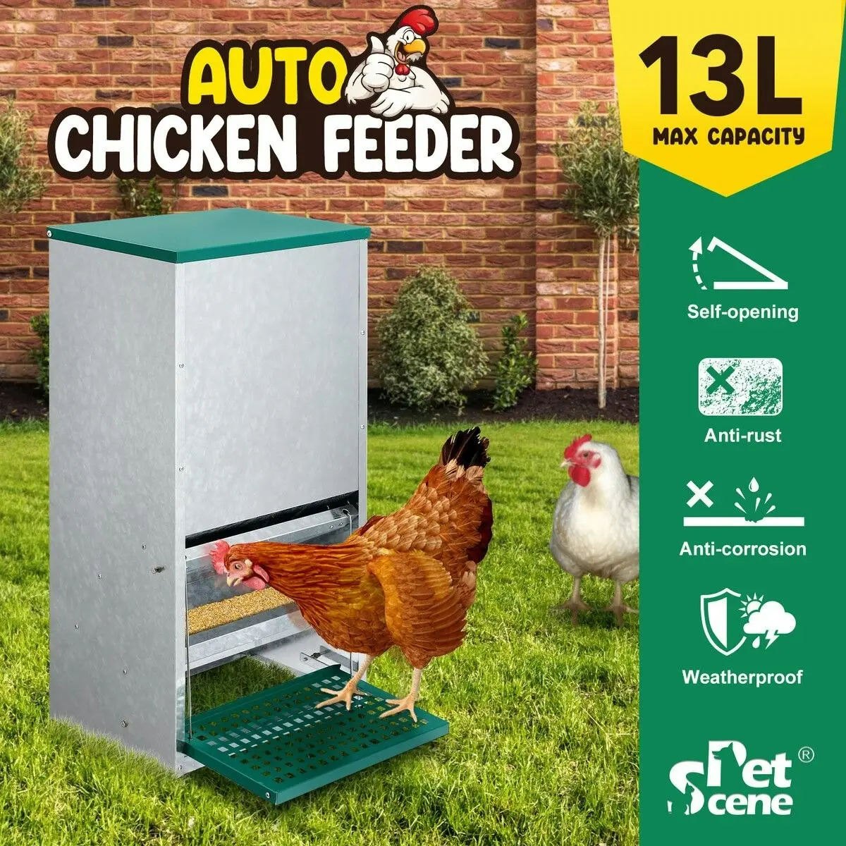 Pet Scene Auto Chicken Feeder Automatic Poultry Treadle Hens Rabbit Chook Food Dispenser Rat Bird Water Proof Galvanised Steel 13L