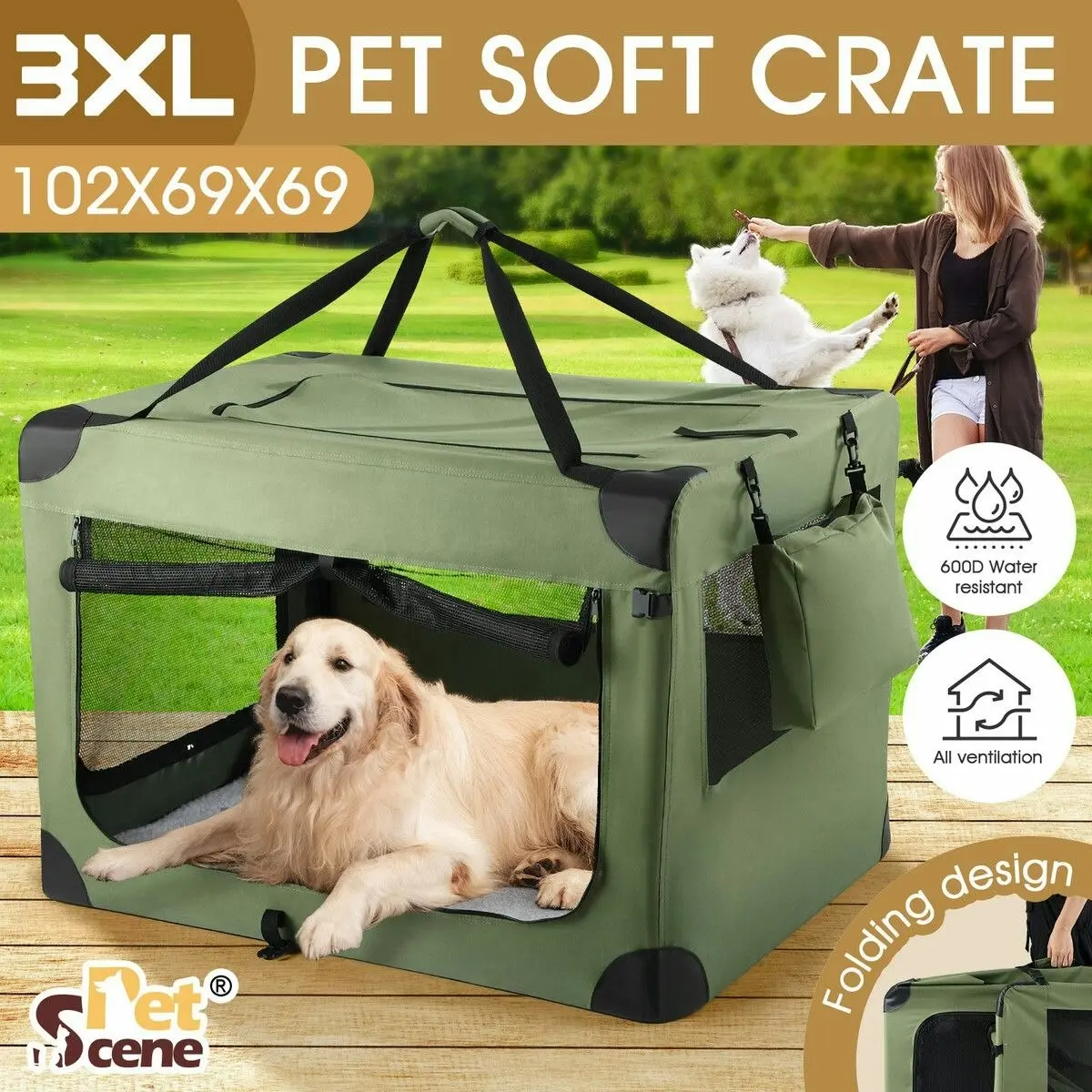 Pet Scene Soft Dog Crate Kennel Pet Cage Cat Travel Carry Bag Extra Large Puppy Carrier Foldable Portable Green 3XL