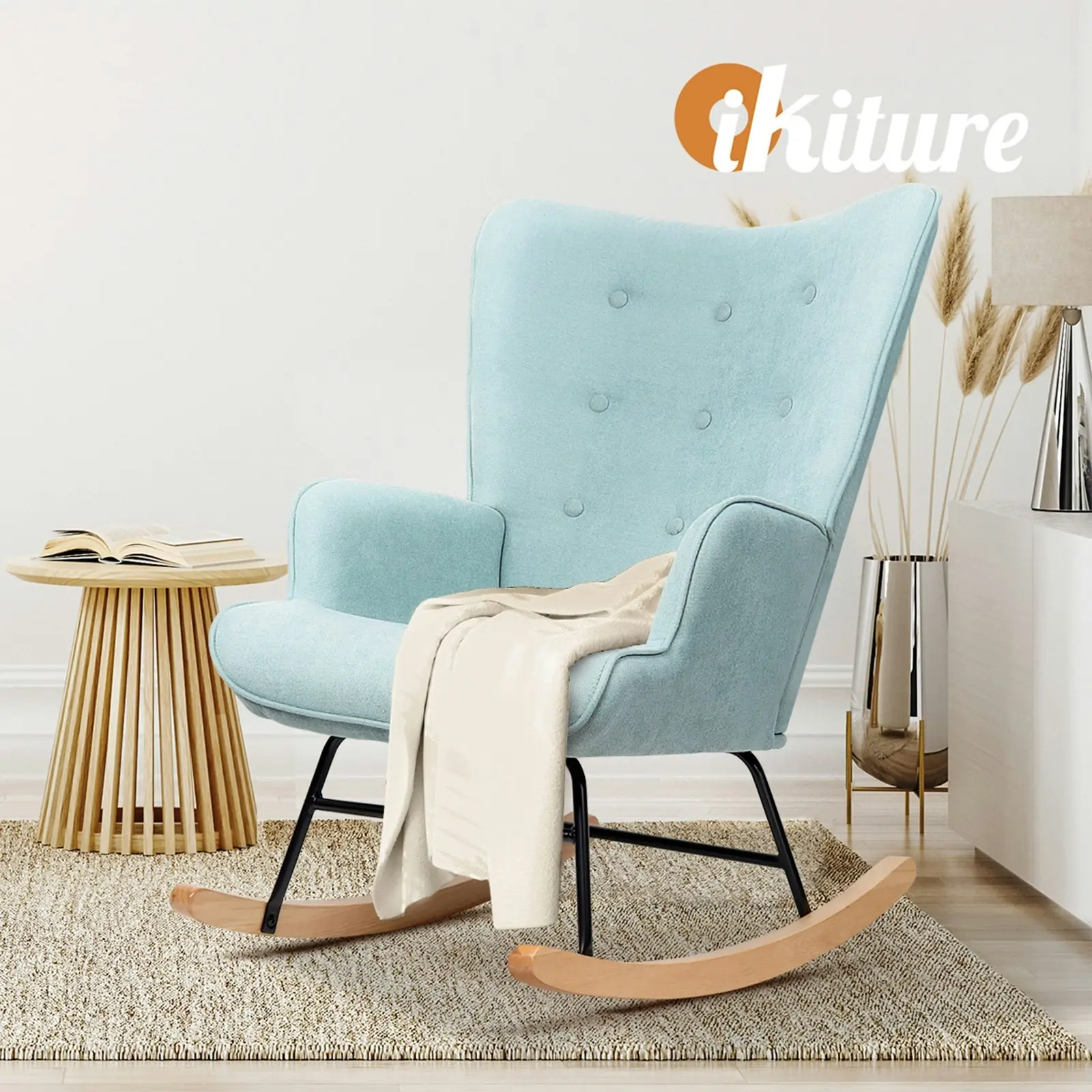 Oikiture Rocking Chair Nursing Armchair Velvet Accent Chairs Upholstered Blue1