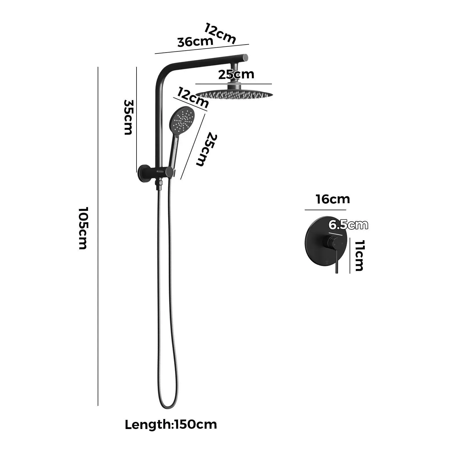 Welba 250mm Rain Shower Head Set With Mixer Round 3-Mode Handheld Shower Black