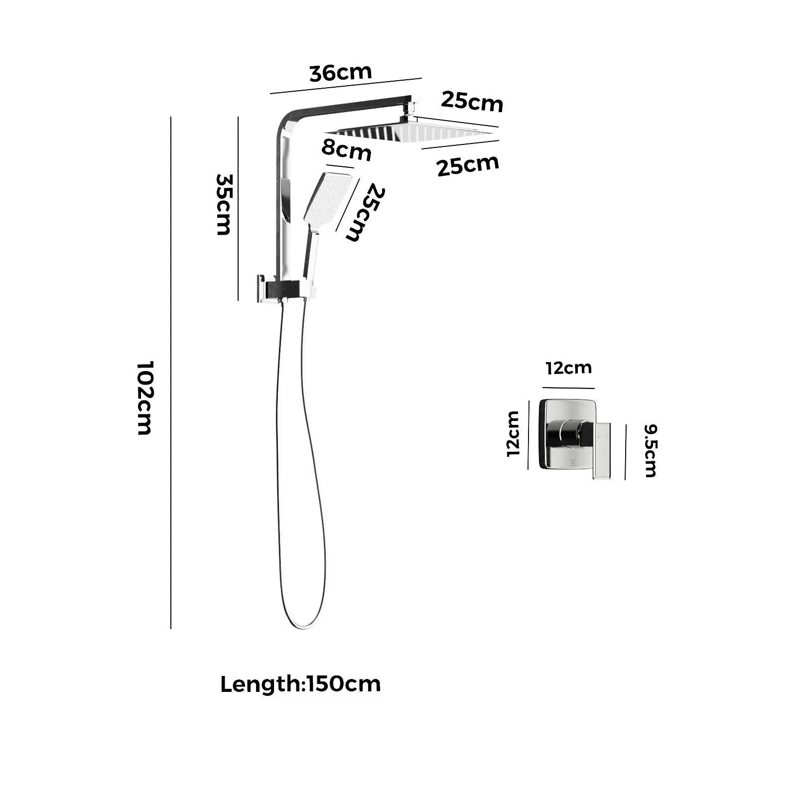 Welba 250mm Rain Shower Head Set With Mixer Square 3-Mode Handheld Shower Chrome