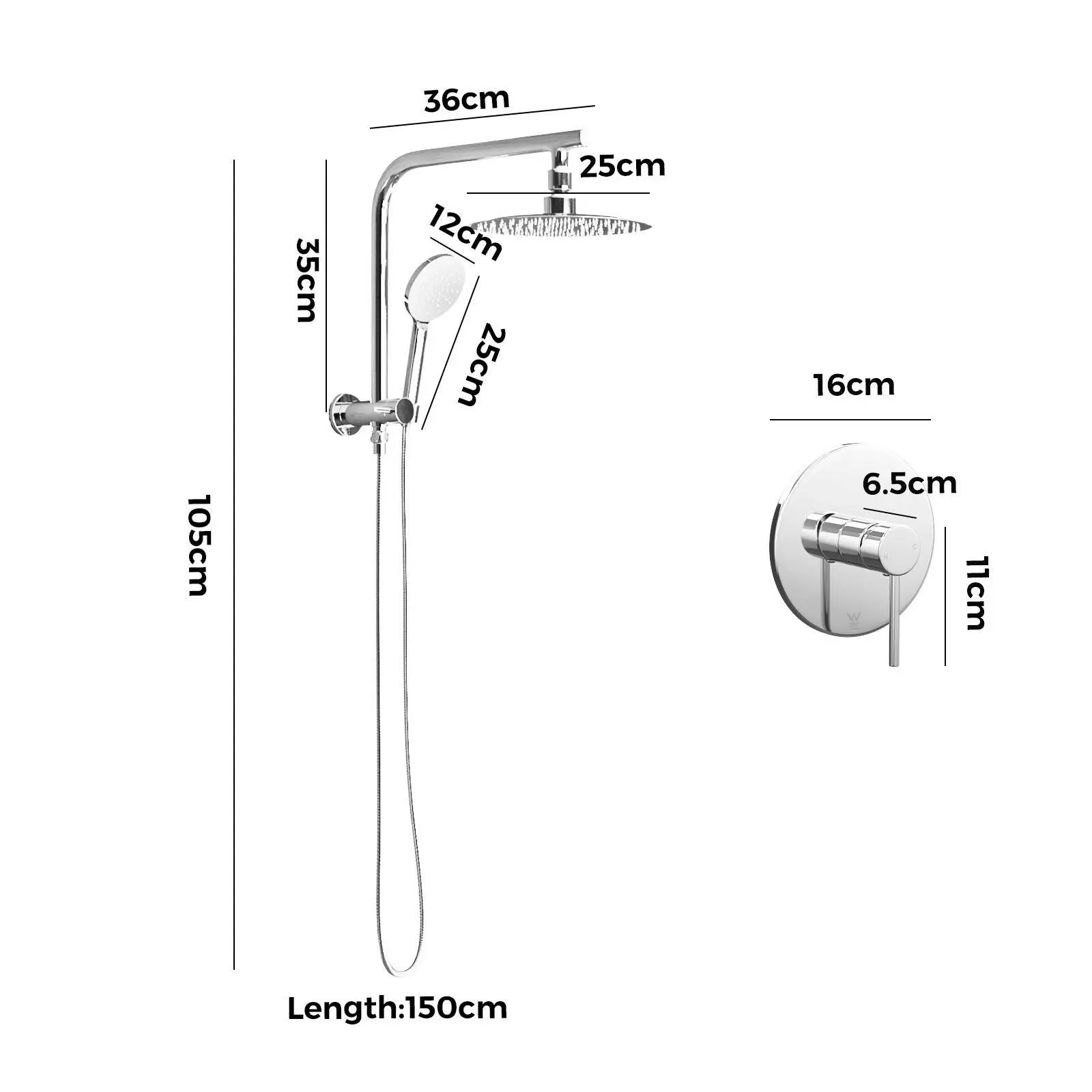 Welba 250mm Rain Shower Head Set With Mixer Round 3-Mode Handheld Shower Chrome