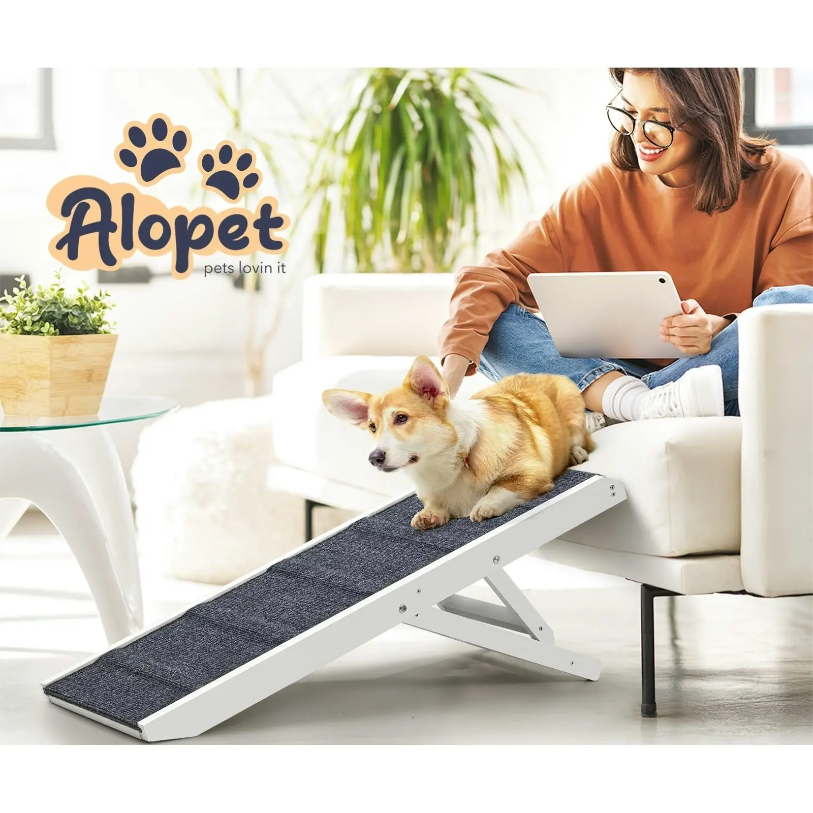 Alopet Dog Pet Ramp Adjustable Height Stairs Bed Sofa Car Foldable 90cm White