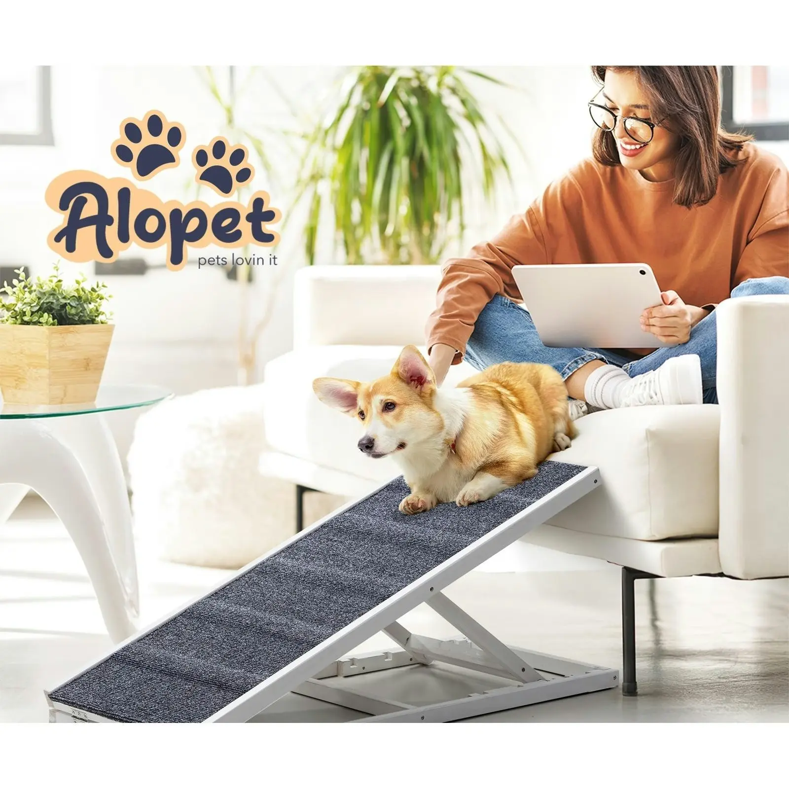 Alopet Dog Pet Ramp Adjustable Height Stairs Bed Sofa Car Foldable 100cm White