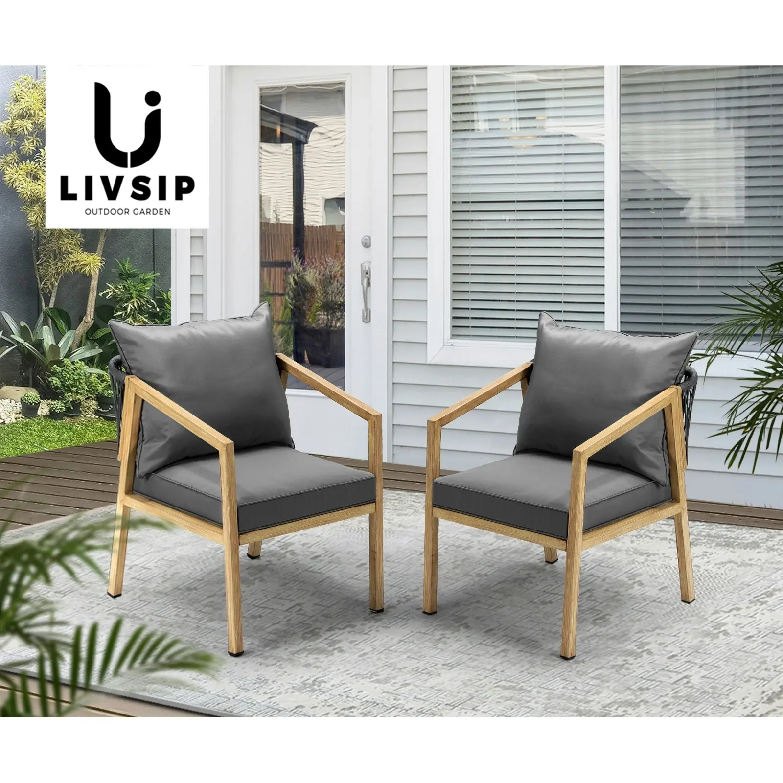 Livsip 2PCS Outdoor Furniture Chairs Garden Patio Lounge Set Steel Frame Beige