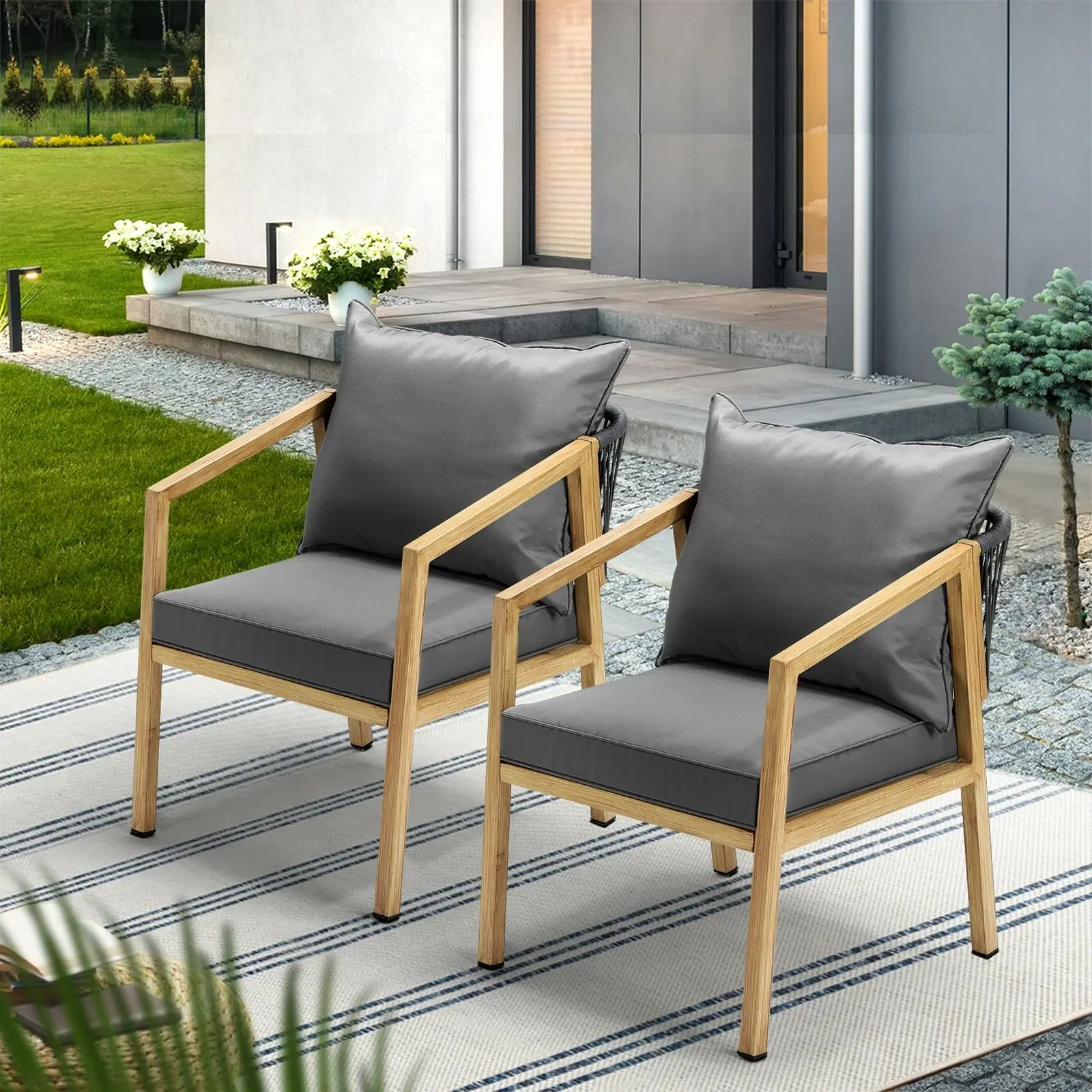 Livsip 2PCS Outdoor Furniture Chairs Garden Patio Lounge Set Steel Frame Beige