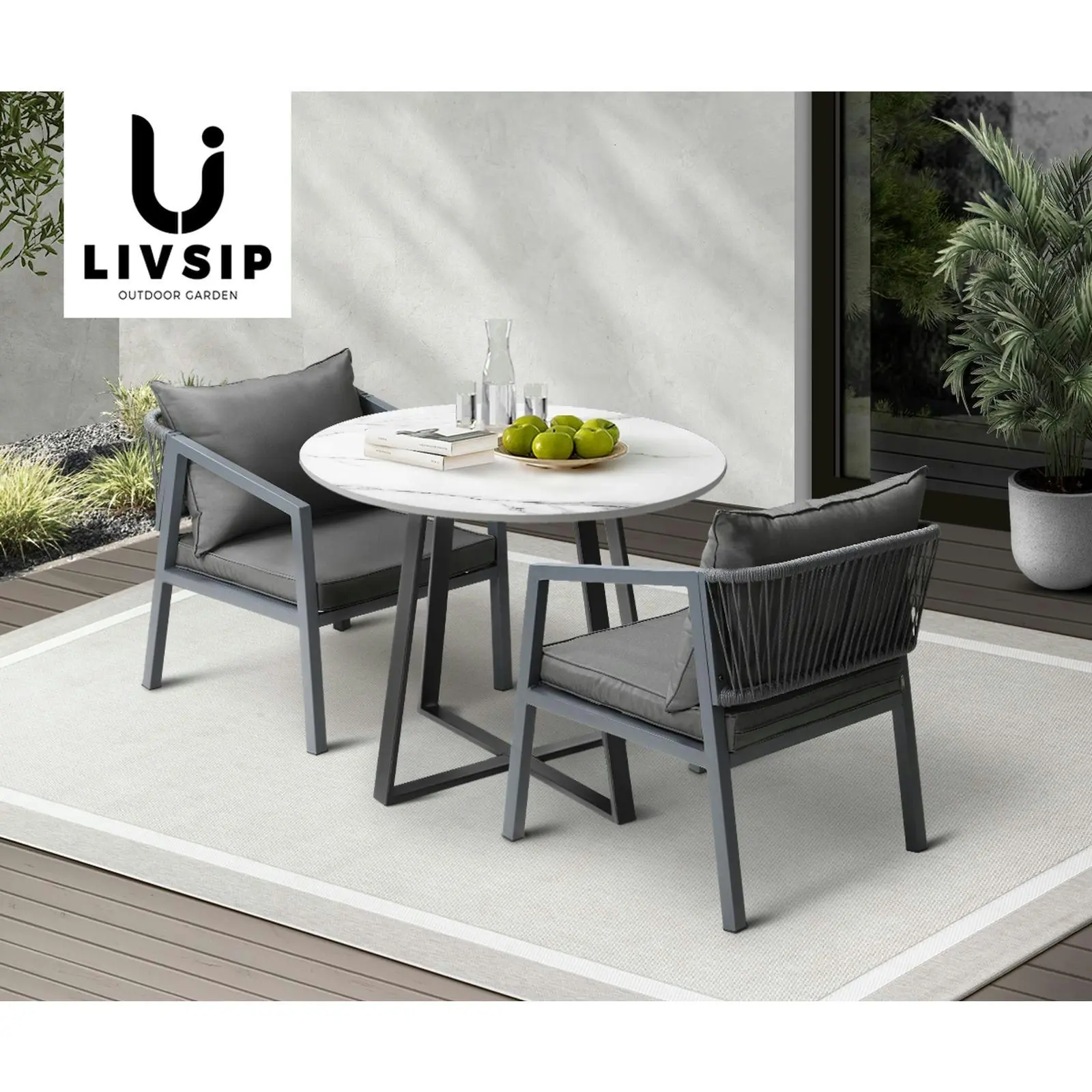 Livsip 90cm Outdoor Dining Sintered Stone Table Patio Furniture Bistro Set Black