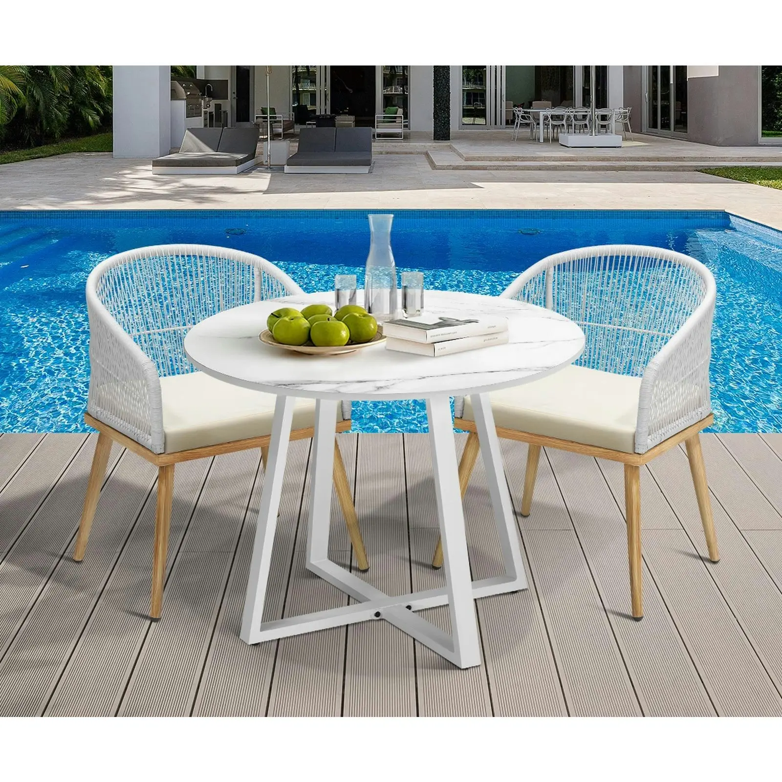 Livsip 90cm Outdoor Dining Sintered Stone Table Patio Furniture Bistro Set White