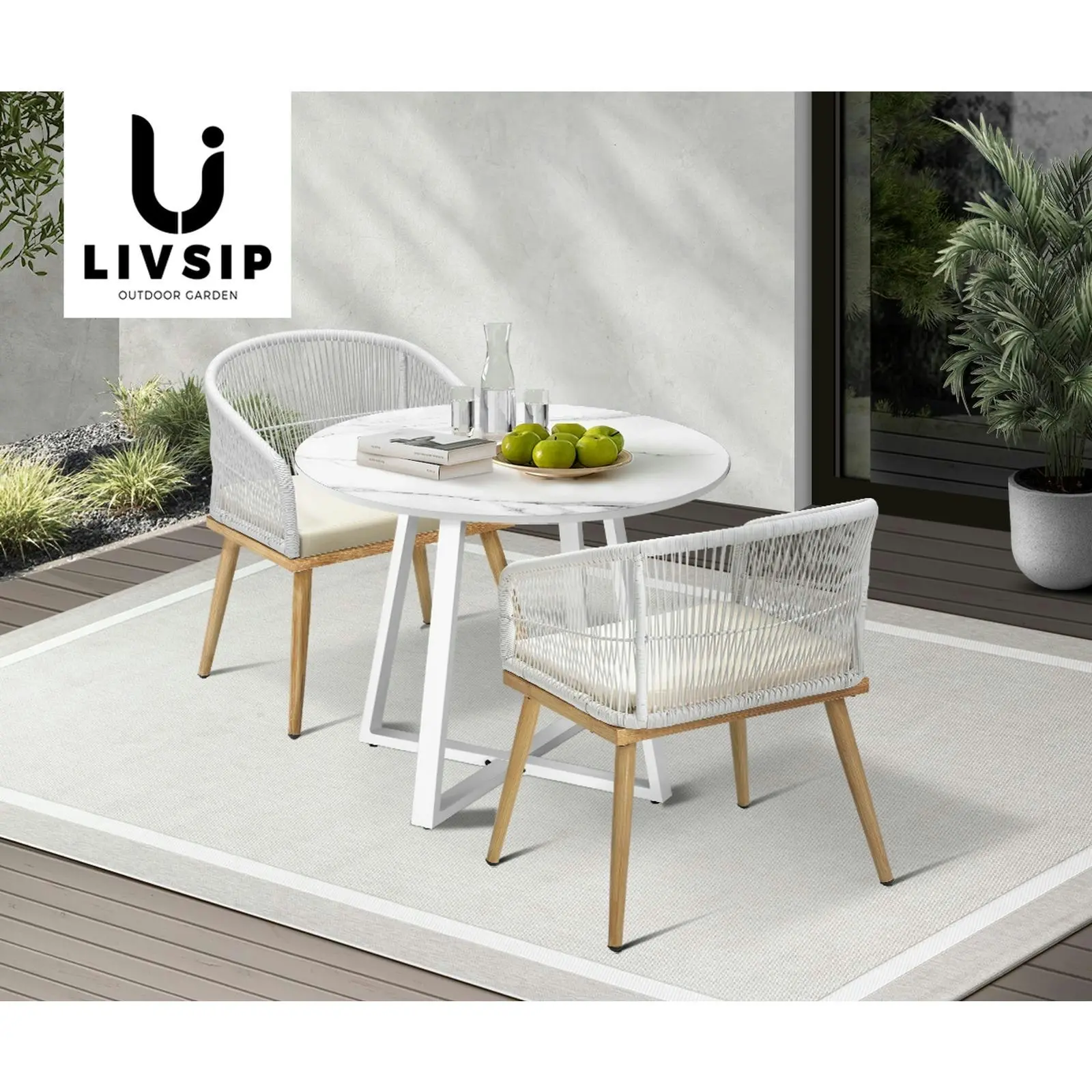 Livsip 90cm Outdoor Dining Sintered Stone Table Patio Furniture Bistro Set White