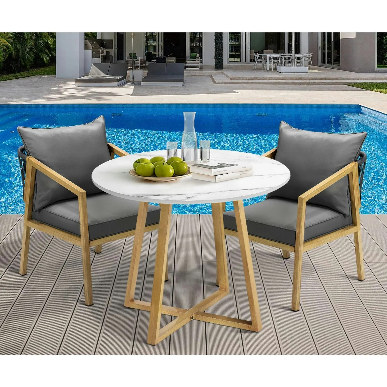 Livsip 90cm Outdoor Dining Sintered Stone Table Patio Furniture Bistro Set Brown