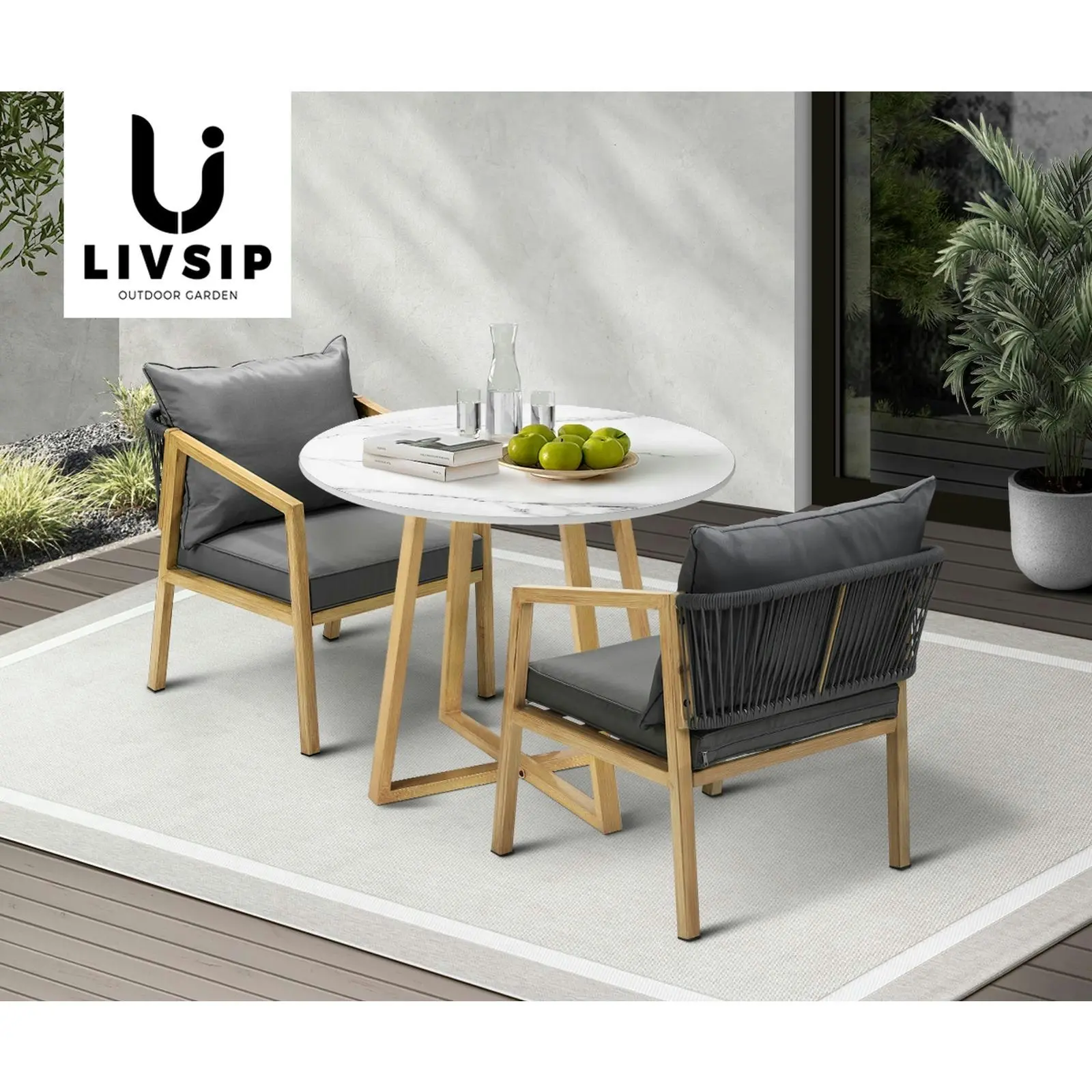 Livsip 90cm Outdoor Dining Sintered Stone Table Patio Furniture Bistro Set Brown