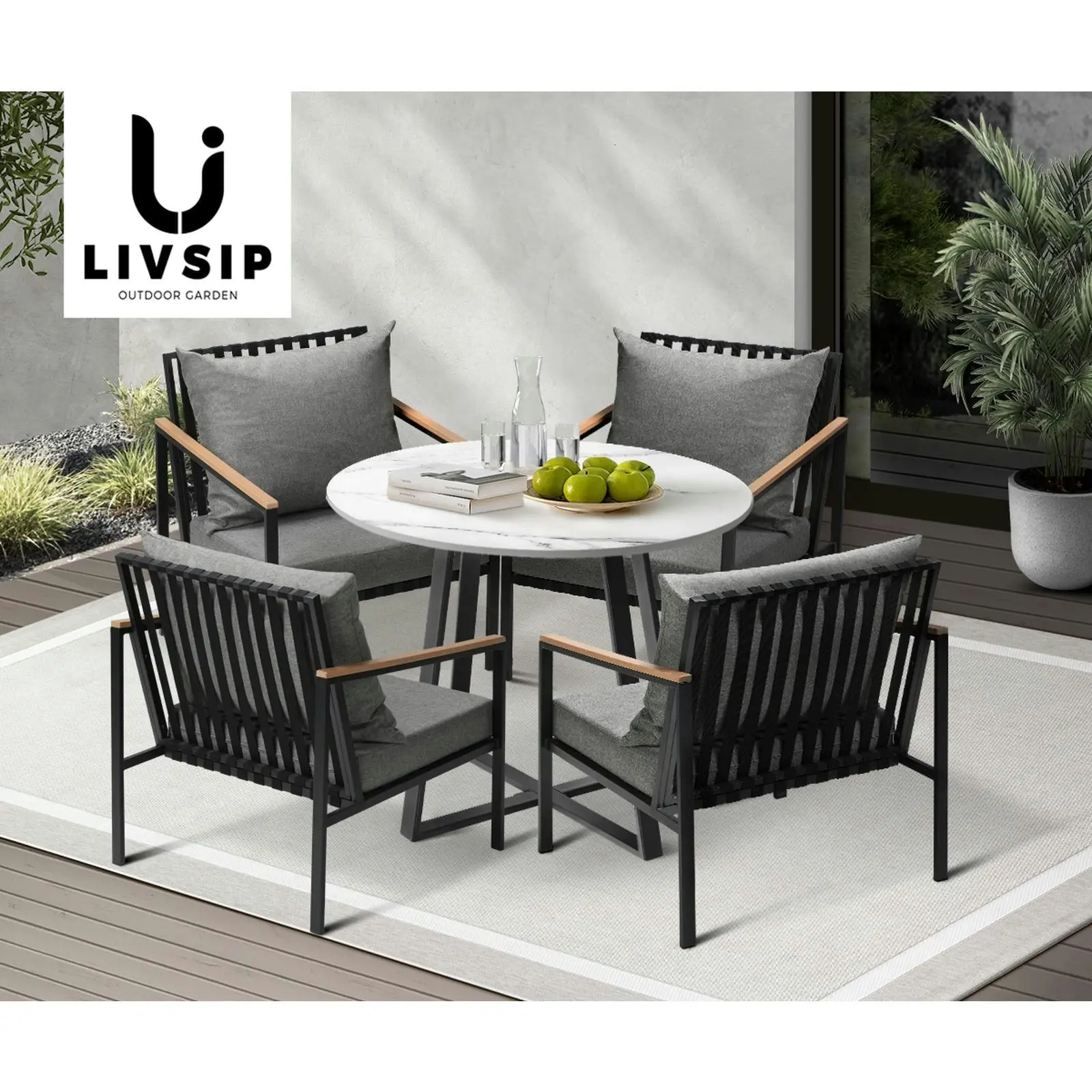 Livsip 5PCS Outdoor Dining Setting Table Sofa Chairs Patio Furniture Bistro Set