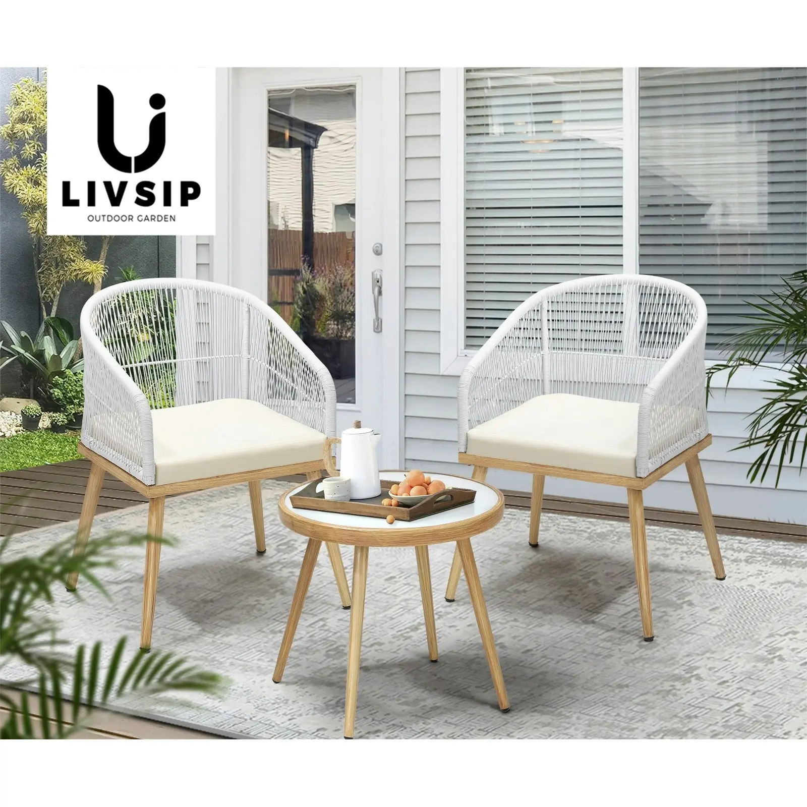 Livsip Outdoor Furniture Lounge Setting Chairs 2x Bistro Patio Garden Set Beige