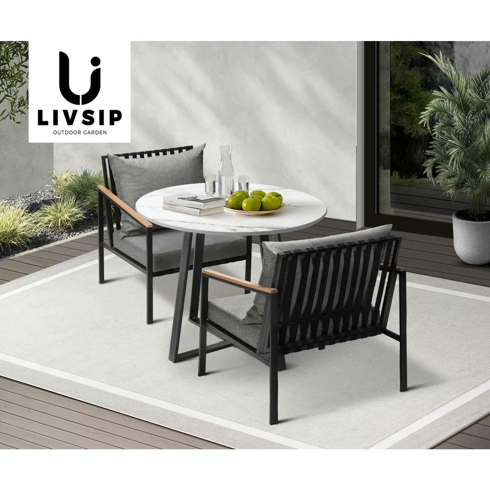 Livsip 3PCS Outdoor Dining Setting Table Sofa Chairs Patio Furniture Bistro Set