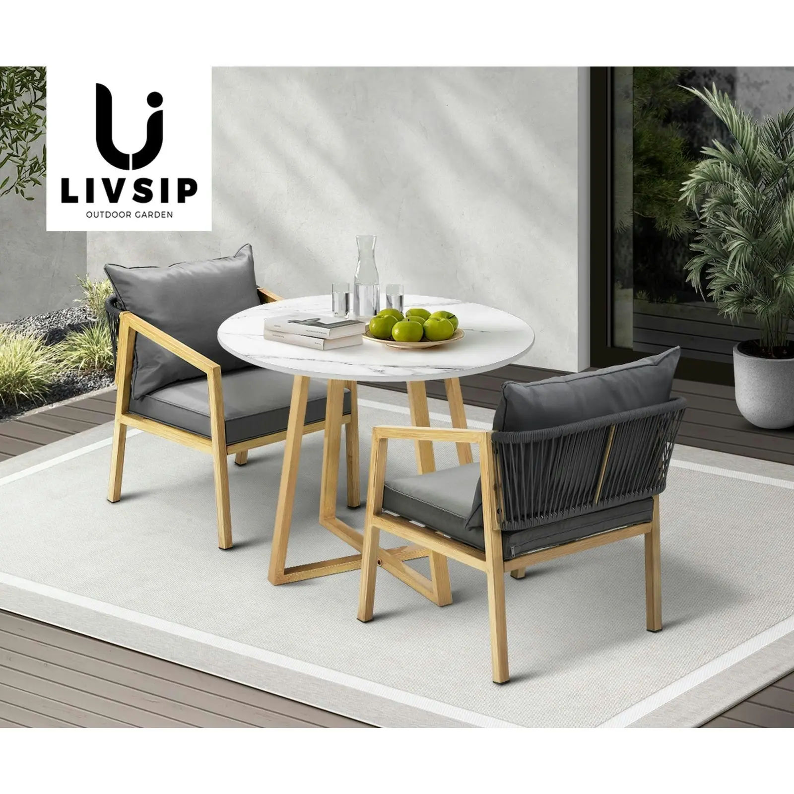 Livsip 3PCS Outdoor Dining Setting 90cm Table Lounge Chairs Patio Furniture Set