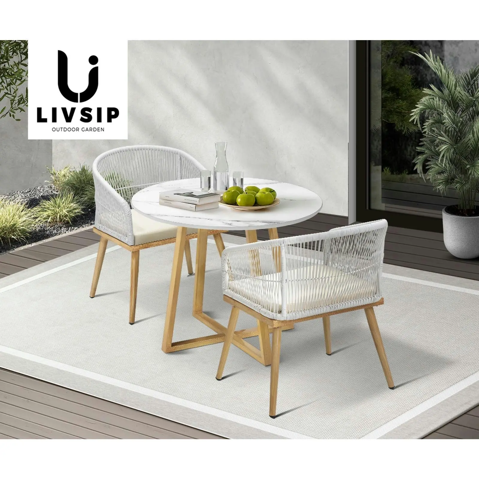 Livsip 3 Piece Outdoor Dining Setting Table Lounge Chairs Patio Furniture Set