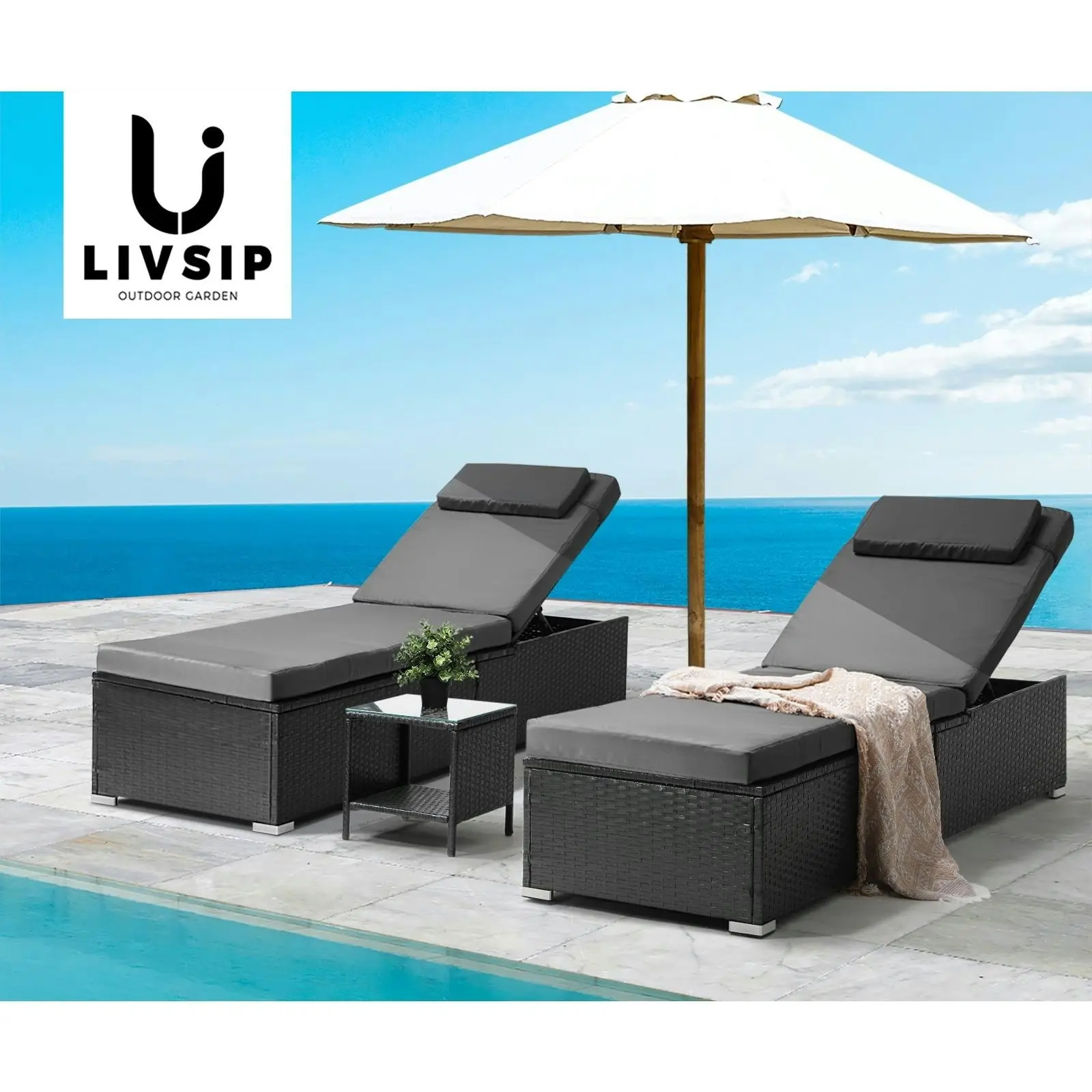 Livsip 2X Sun Lounge Wicker Lounger Table Setting Outdoor Furniture Day Bed