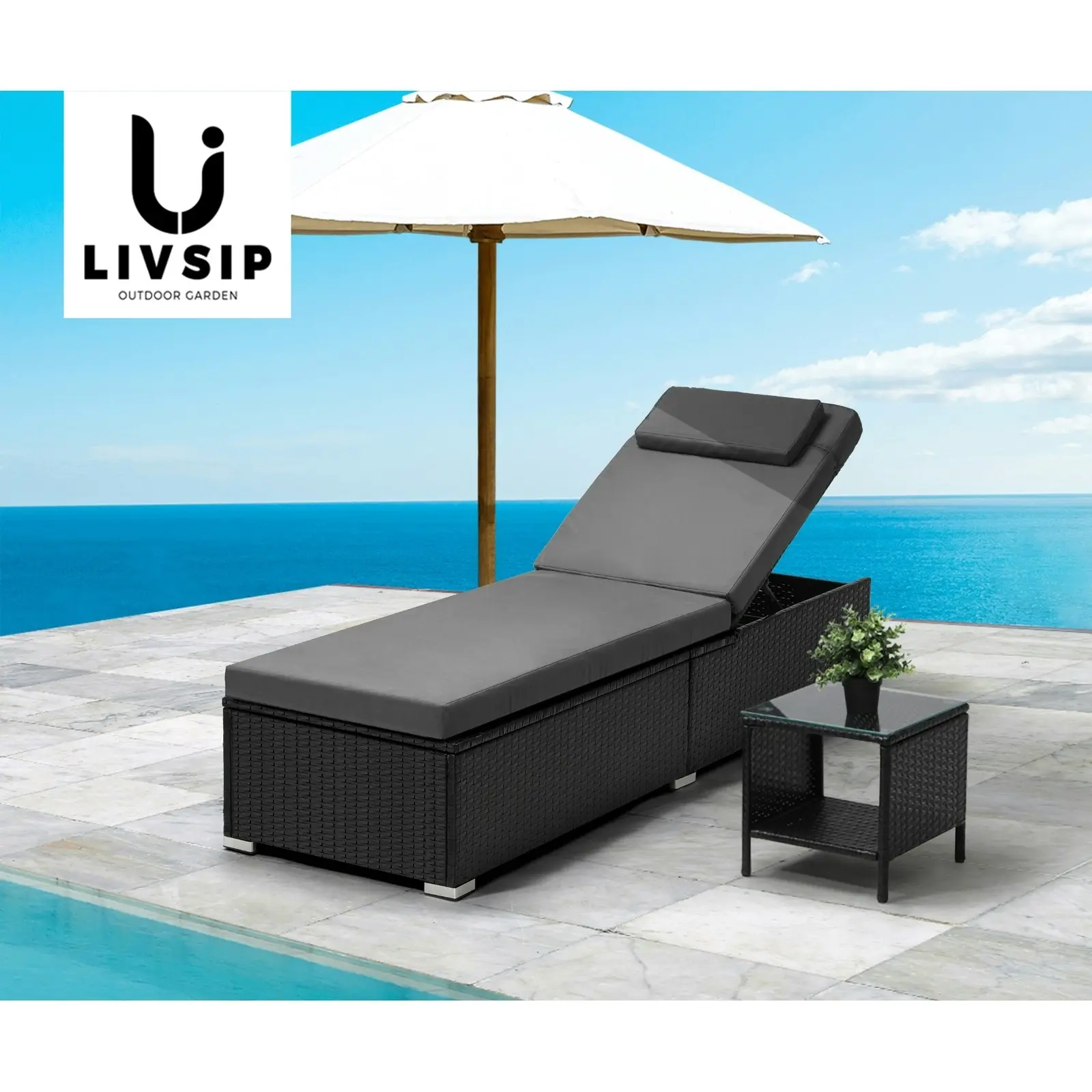 Livsip Sun Lounge Wicker Lounger Table Patio Furniture Outdoor Setting Day Bed