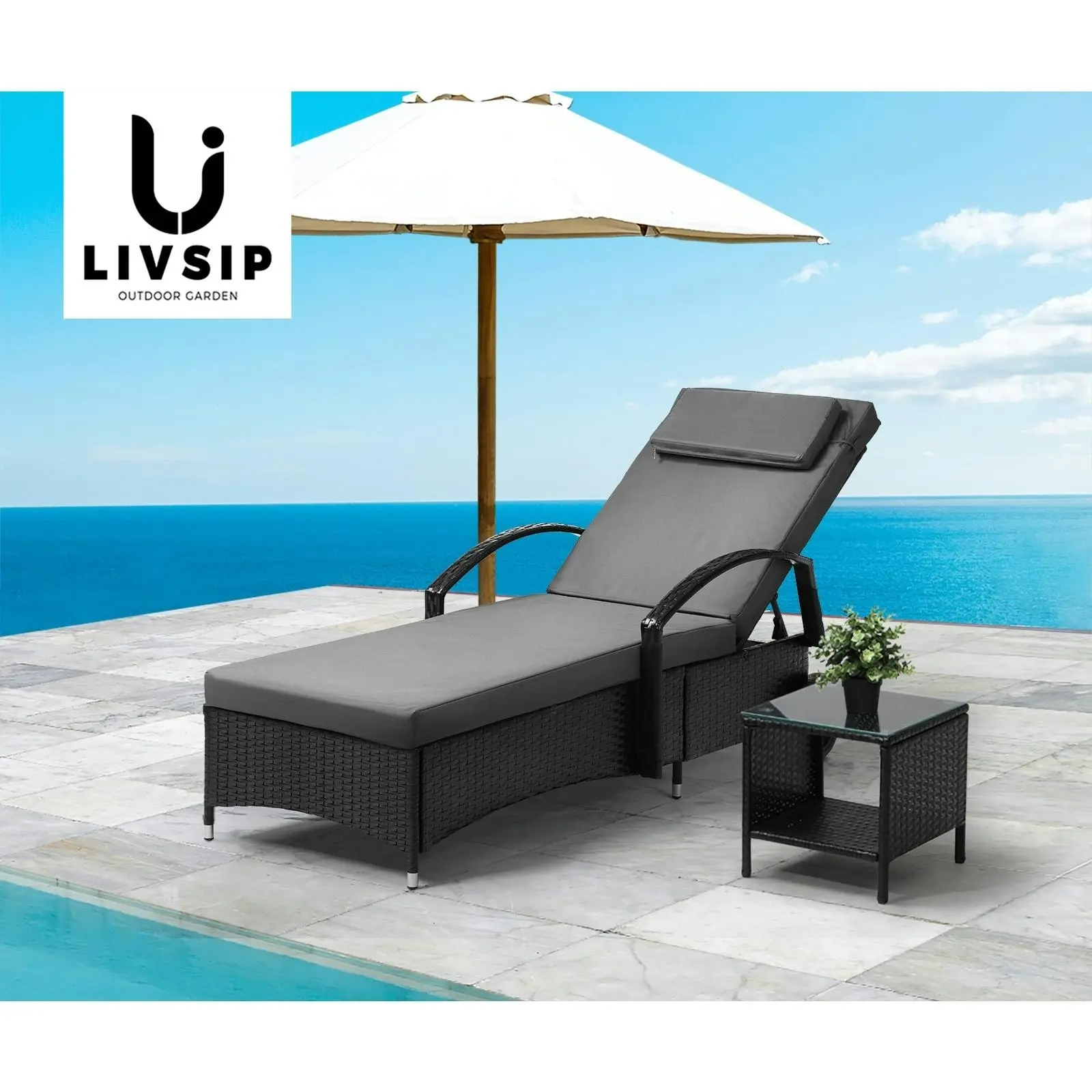 Livsip Sun Lounger Wheeled Day Bed with Table Set Outdoor Patio Furniture