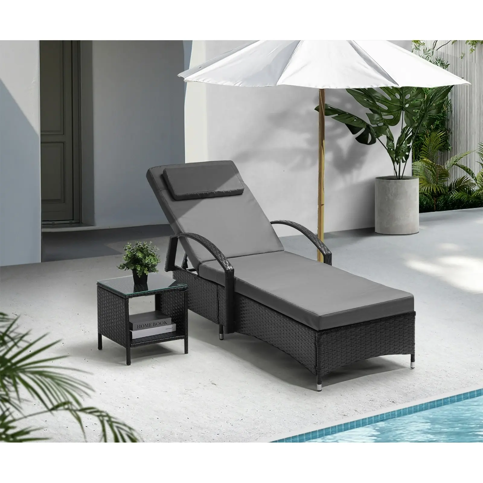 Livsip Sun Lounger Wheeled Day Bed with Table Set Outdoor Patio Furniture