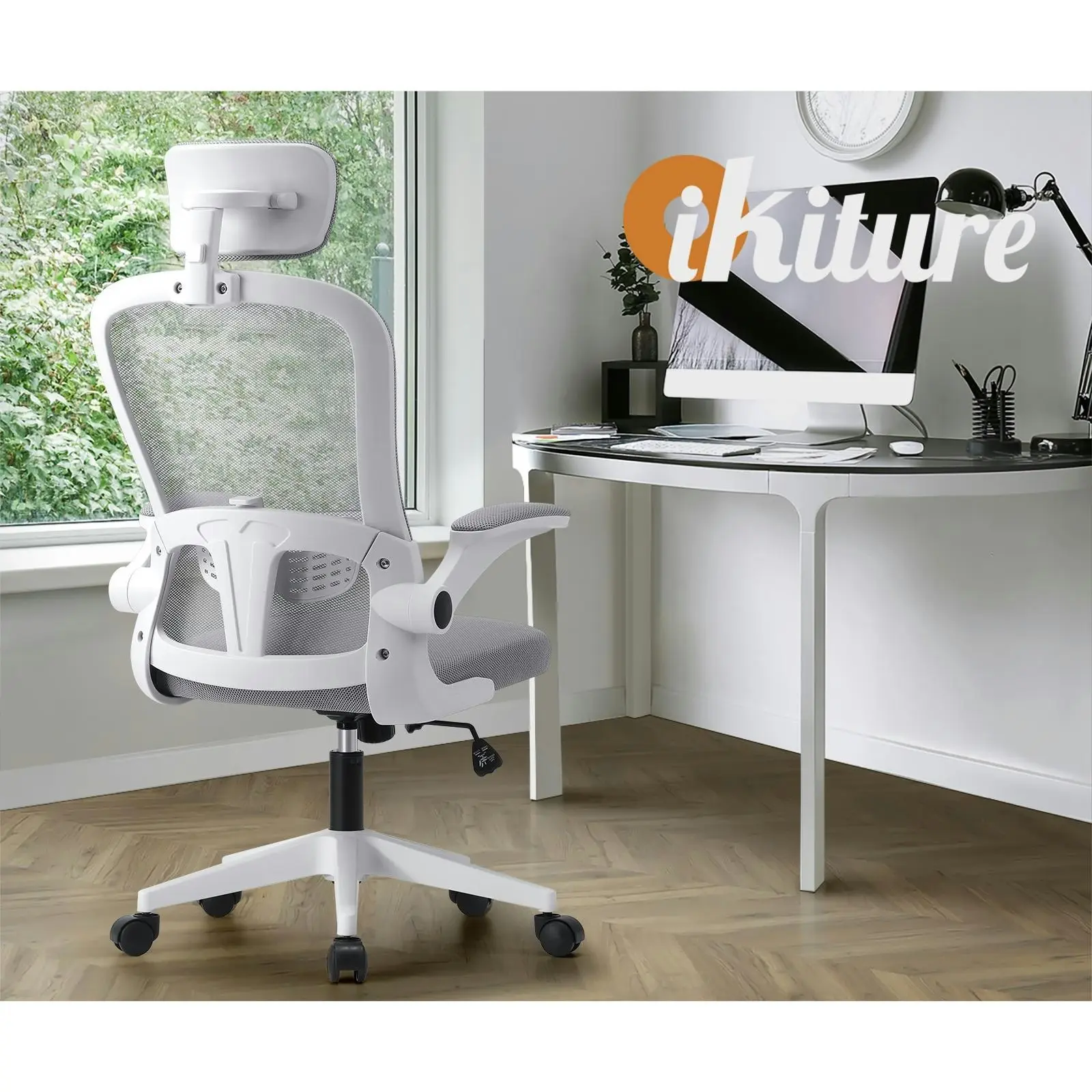 Oikiture Mesh Office Chair Executive Fabric Gaming Seat Racing Computer 1 White