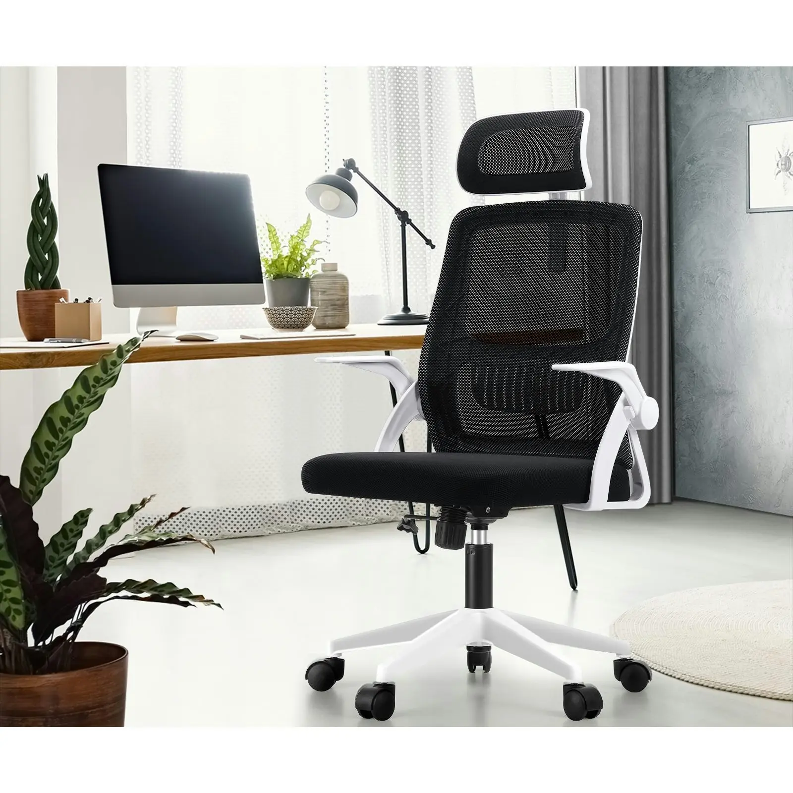 Oikiture Mesh Office Chair Executive Fabric Gaming Seat Racing Computer 1 White&Black