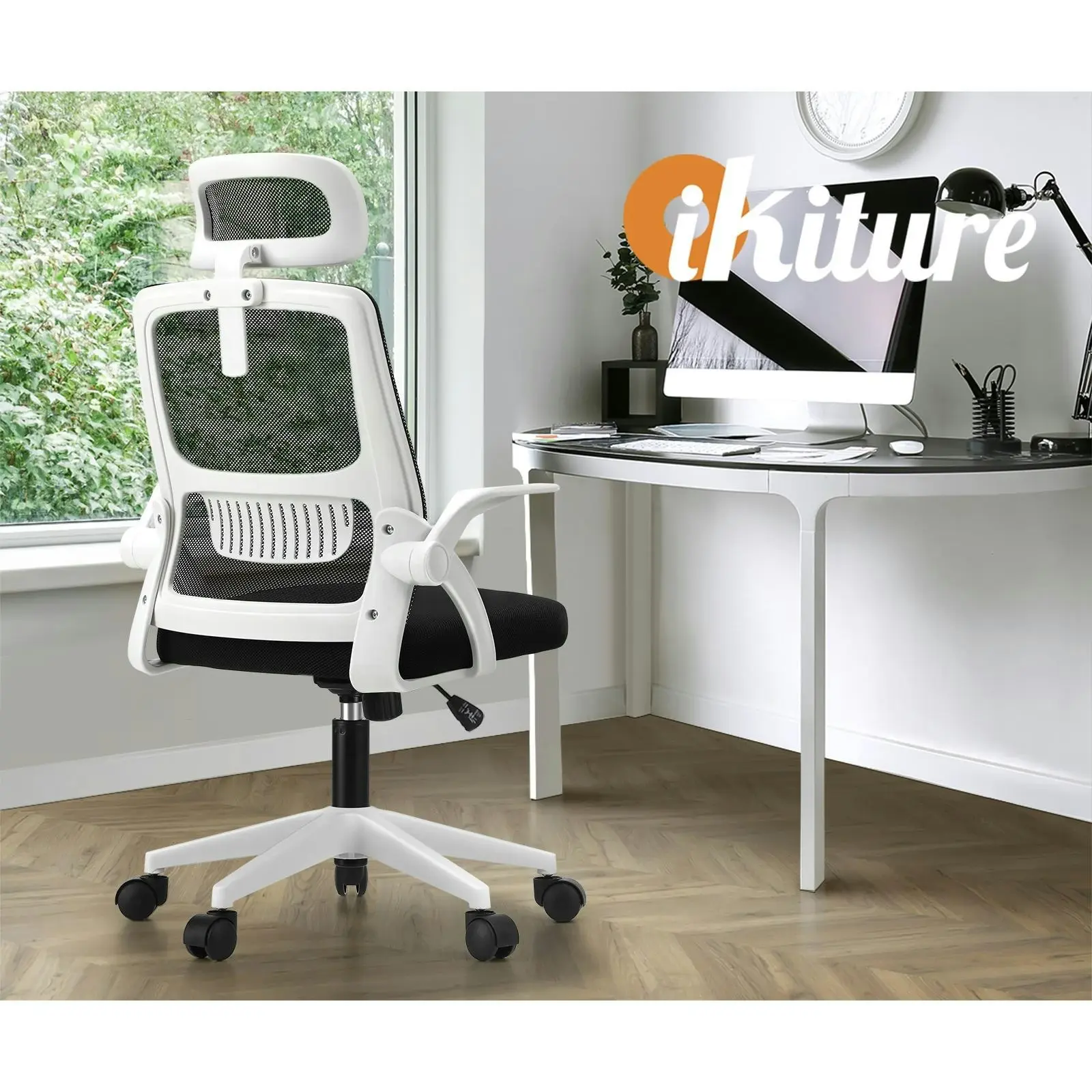 Oikiture Mesh Office Chair Executive Fabric Gaming Seat Racing Computer 1 White&Black