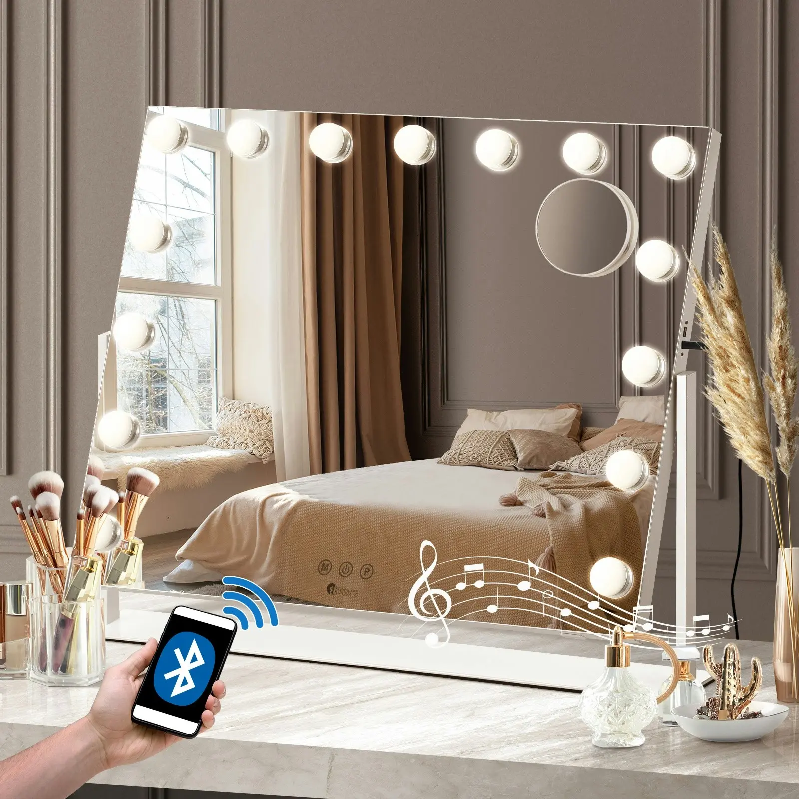 Oikiture 62x50cm Rotatable Hollywood Makeup Mirrors with LED Lights Bluetooth Vanity