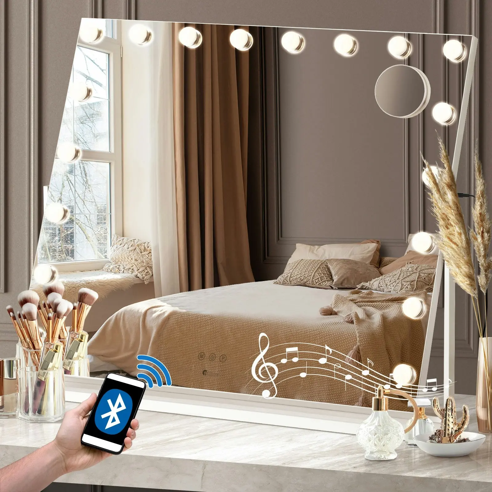 Oikiture 83x69cm Makeup Mirror Rotatable Bluetooth LED Hollywood Mirrors Magnifying