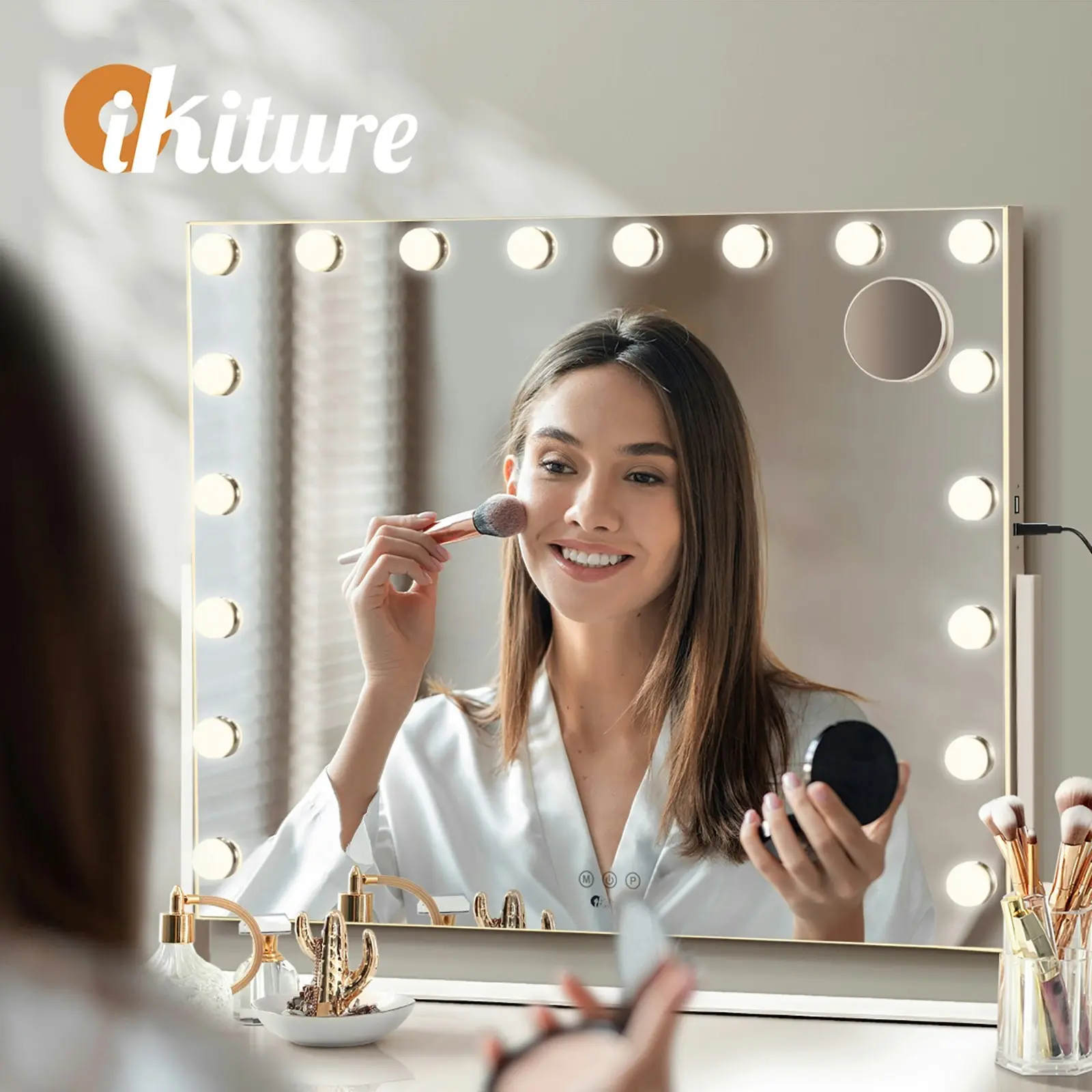 Oikiture 83x69cm Makeup Mirror Rotatable Bluetooth LED Hollywood Mirrors Magnifying