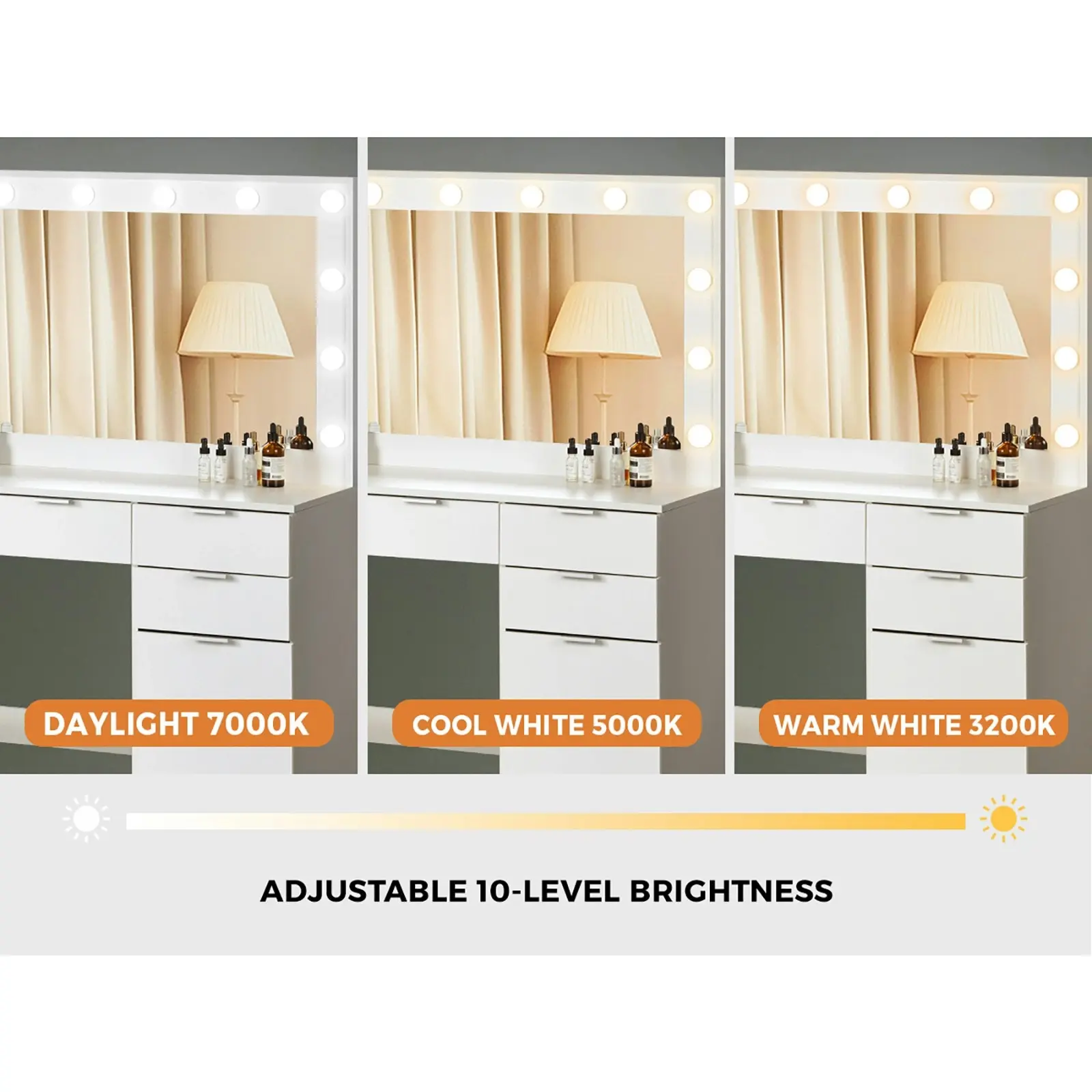 Oikiture Dressing Table Stool Set Makeup Large Mirror Dresser 12 LED Bulbs White