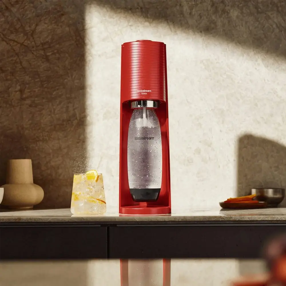 SodaStream Terra Classic Sparkling Water Maker w/60L Cylinder/1L Bottle Red