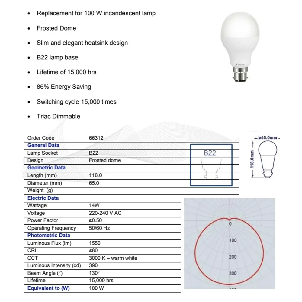 5x Verbatim B22 Bayonet Warm WHT Classic A Dimmable Light Globe 14W/1550lm/3000K