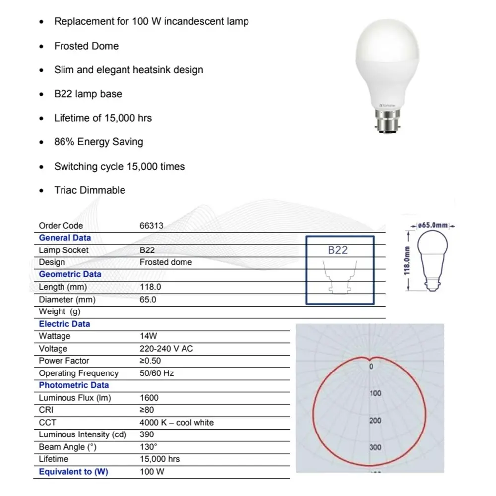 5x Verbatim B22 Bayonet Cool WHT Classic A Dimmable Light Globe 14W/1600lm/4000K