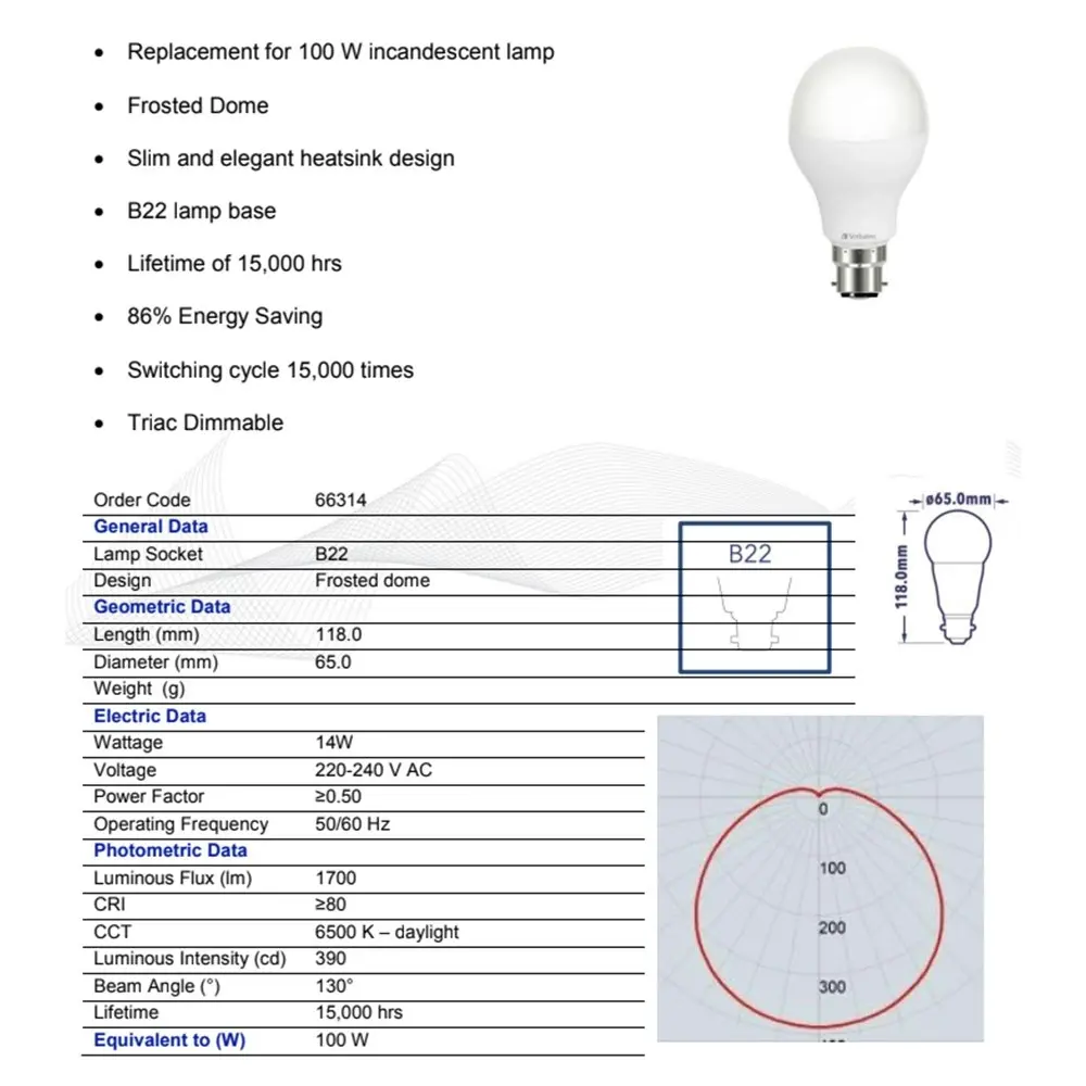 5x Verbatim B22 Bayonet Daylight Classic A Dimmable Light Bulb 14W/1700lm/6500K