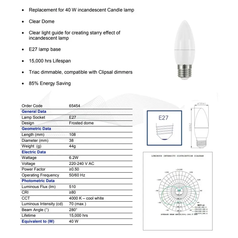 5PK Verbatim E27 Screw Light Bulb Cool White Frosted Candle Dimmable 470lm/6W