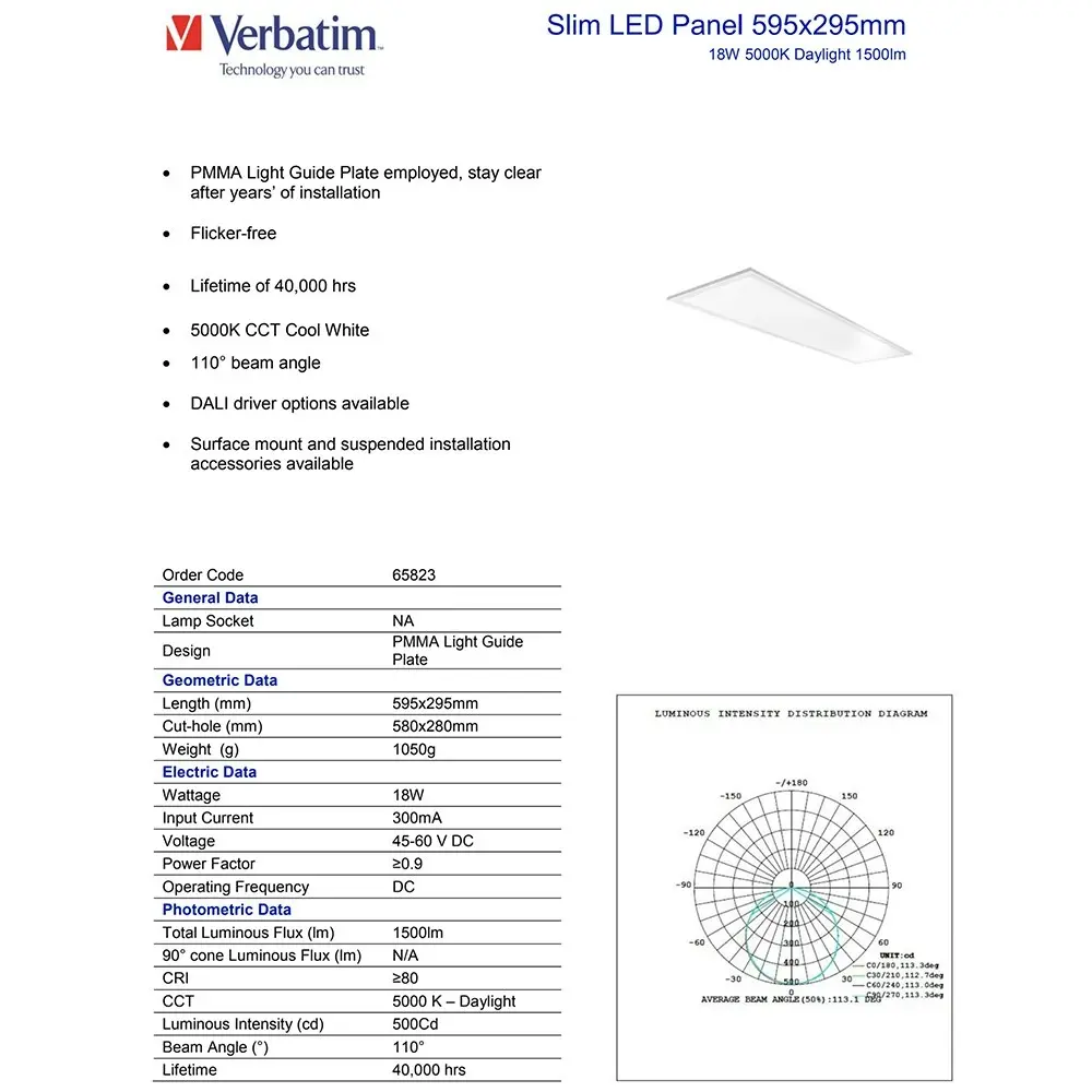 Verbatim Lighting Slim LED Ceiling Light 595x295mm Cool Daylight 18W 5000K