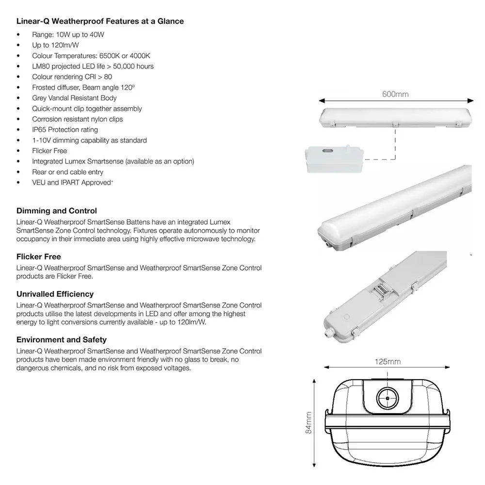 Lumex Linear Q Weatherproof Batten/Fixture w/ LED Light Strip 10W/6500K 600mm