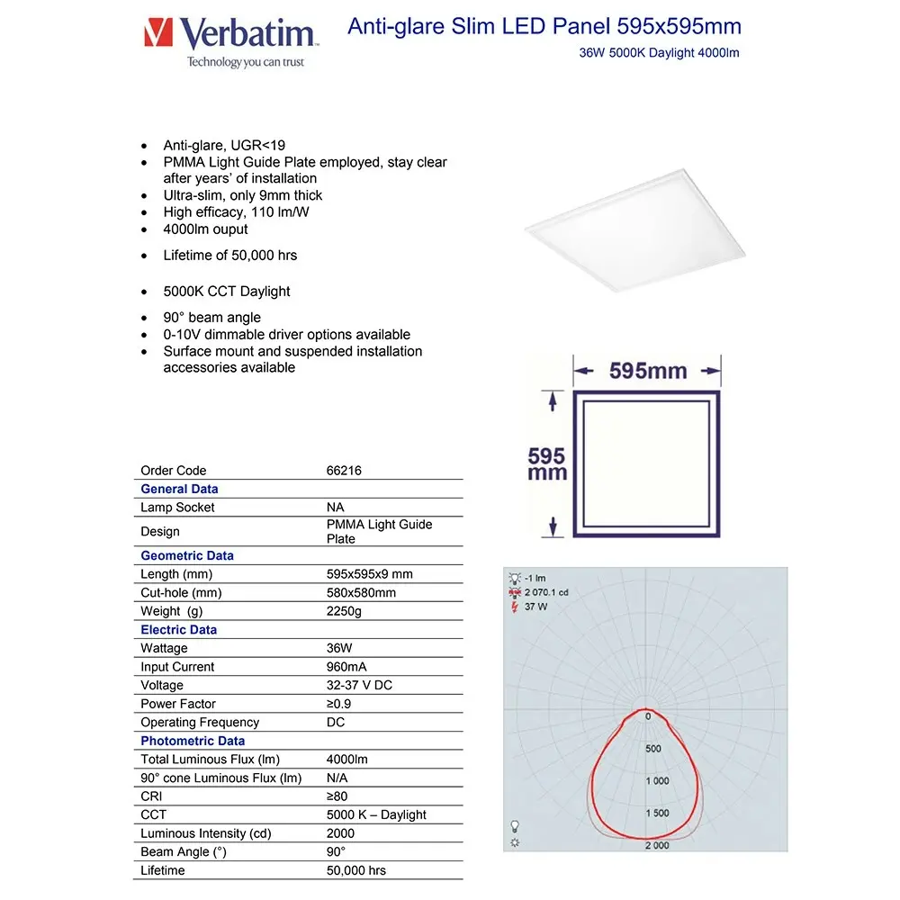 Verbatim Lighting Slim LED Ceiling Light 595x595mm Cool Daylight 36W 5000K