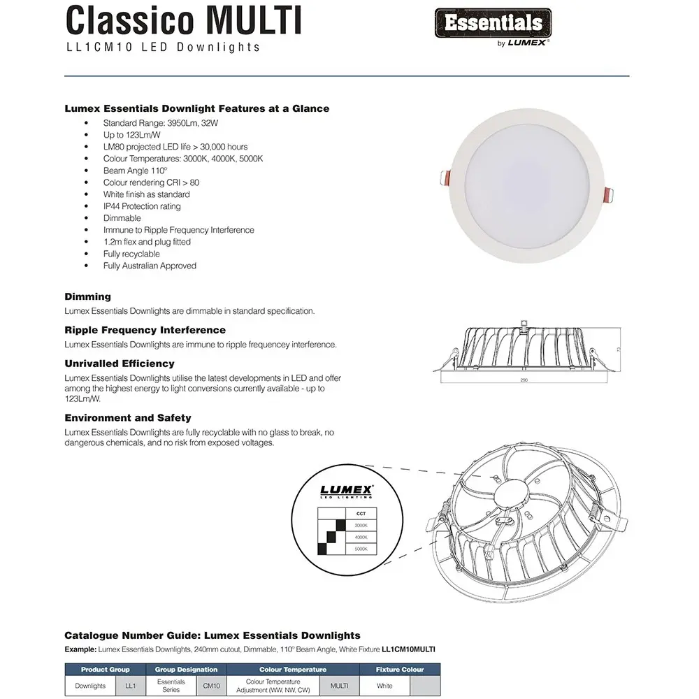 Lumex Essentials Classico Dimmable Tri Colour Downlight 32W 3000K/4000K/5000K