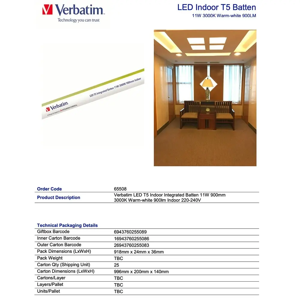 5PK Verbatim Indoor Integrated T5 Batten Fixture w/ LED Light Strip 900Lm 3000K