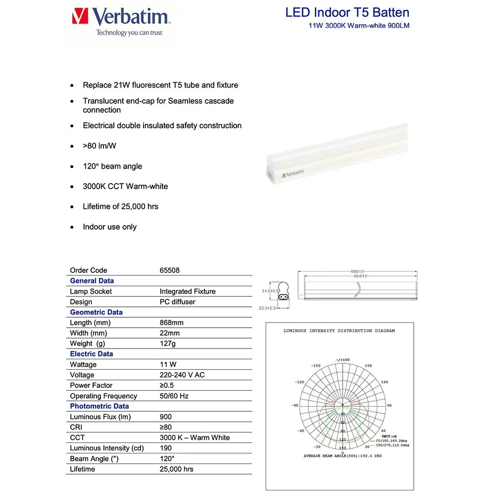 5PK Verbatim Indoor Integrated T5 Batten Fixture w/ LED Light Strip 900Lm 3000K