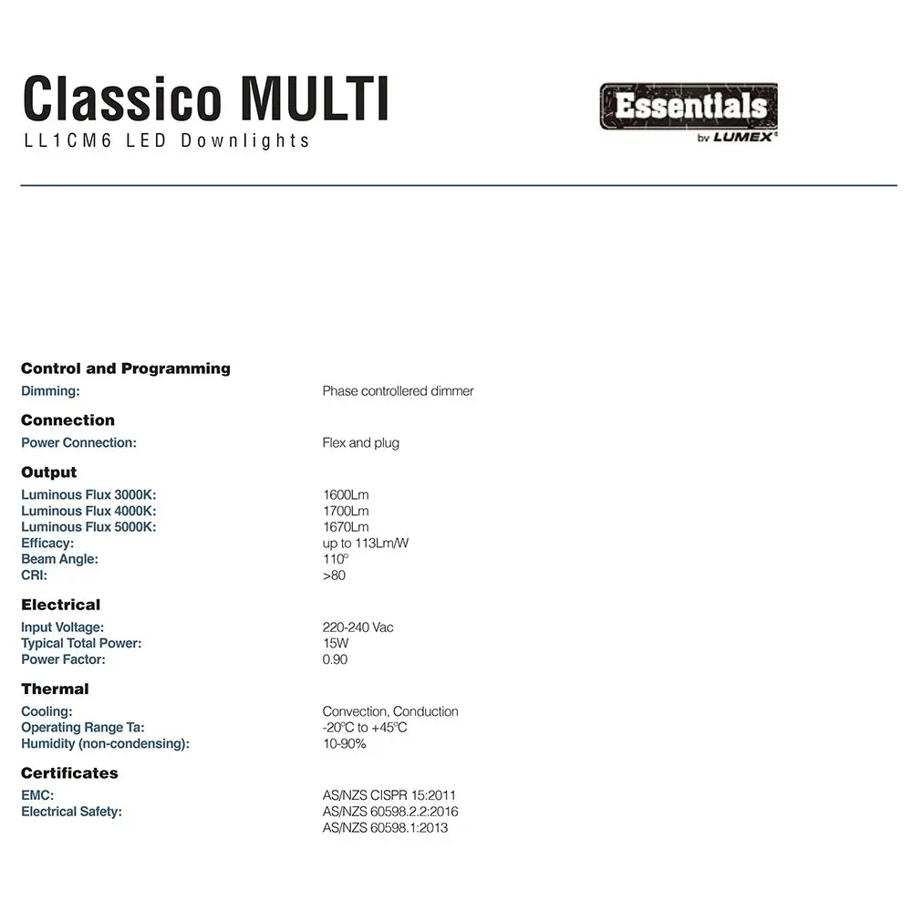 Lumex Essentials Classico Dimmable Tri Colour Downlight 15W 3000K/4000K/5000K