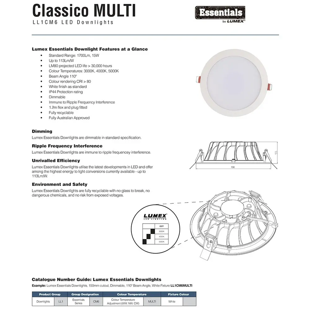 Lumex Essentials Classico Dimmable Tri Colour Downlight 15W 3000K/4000K/5000K