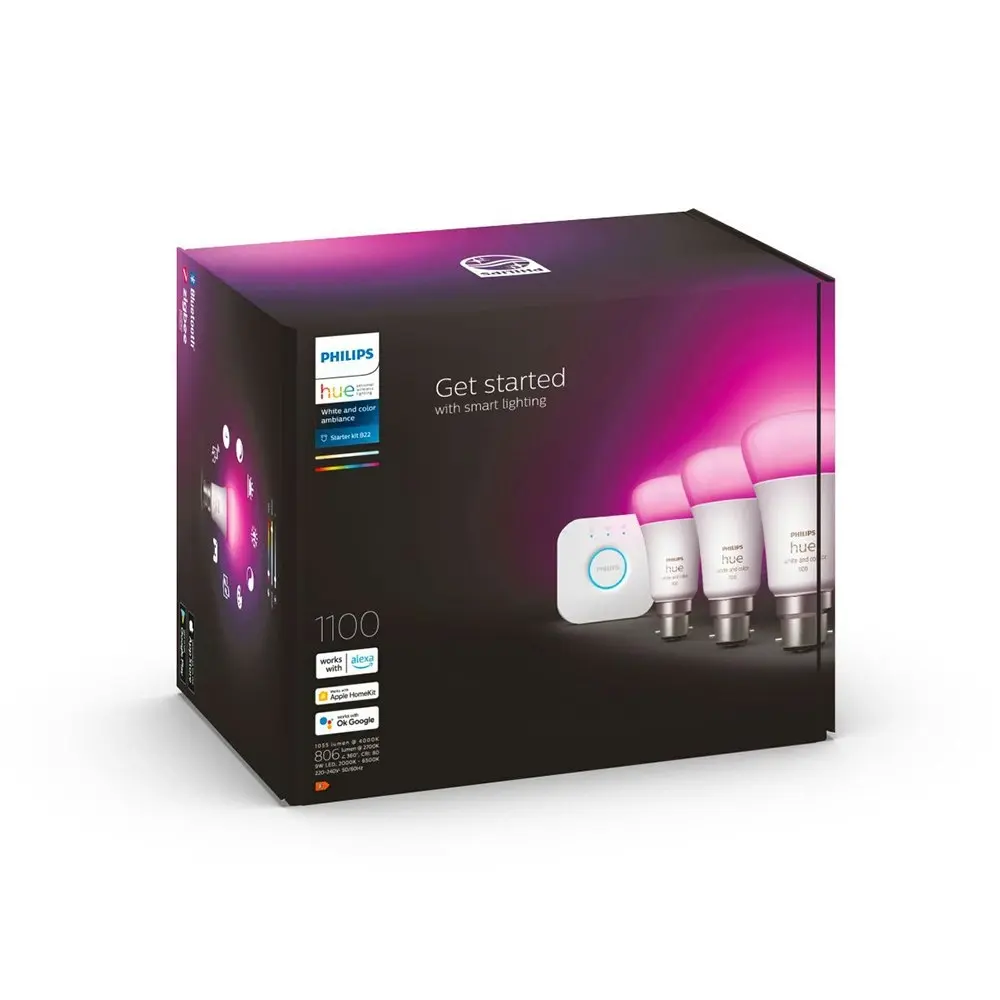 4pc Philips Hue White/Colour Ambiance Light Globes/Bulbs 11W A60 B22 w/Bridge