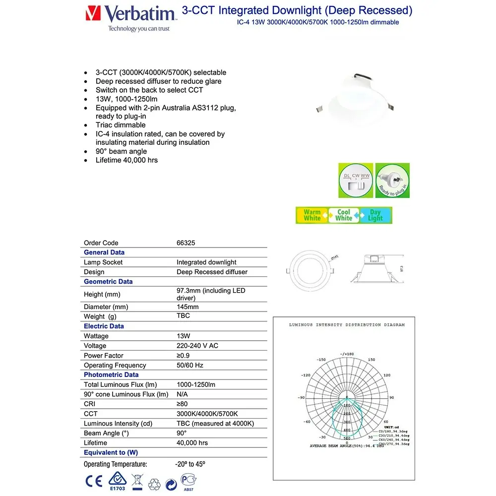 Verbatim Lighting Recessed Tri Colour Downlight 13W 3000/4000/5700K 125mm Cutout