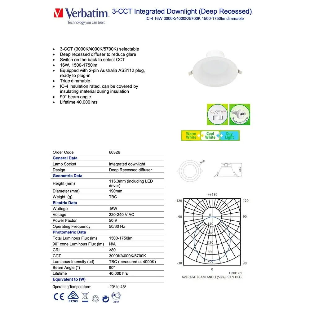 Verbatim Lighting Recessed Tri Colour Downlight 16W 3000/4000/5700K 165mm Cutout