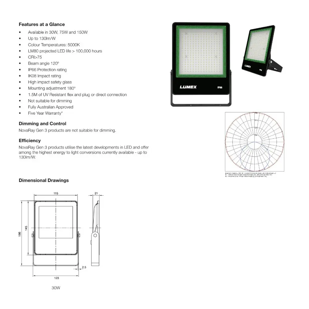 Lumex Lighting Novaray Gen 3 LED Outdoor Floodlight Cool White 10000lm/30W/5000K