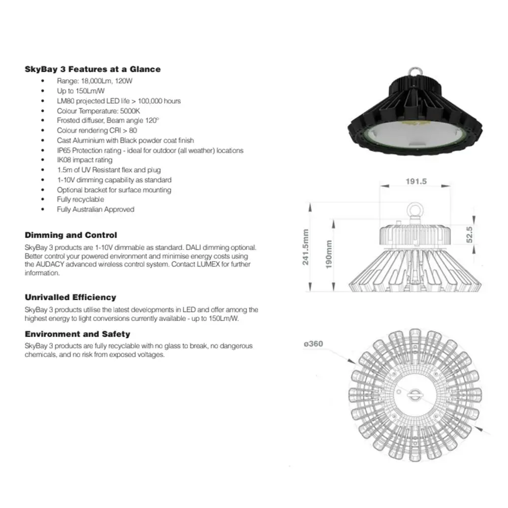 Lumex Highbay SkyBay 3 LED Hanging Ceiling Light w/Dimming 120W/5000K Black